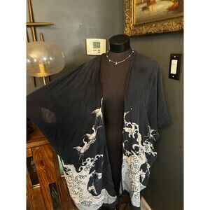 Soft Surroundings Silk Chiffon Asian Print Kimono cover up Shawl Wrap Birds Navy